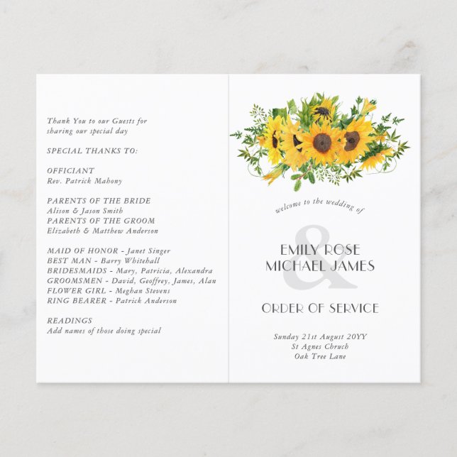 Sunflowers Wedding Program or other Event  Custom (Front)