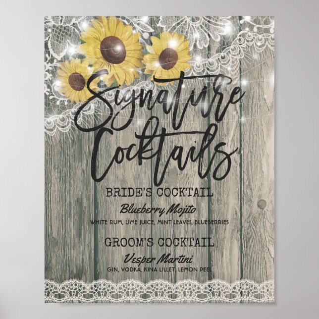 Sunflowers Wedding Signature Cocktail Drink Menu Poster (Front)