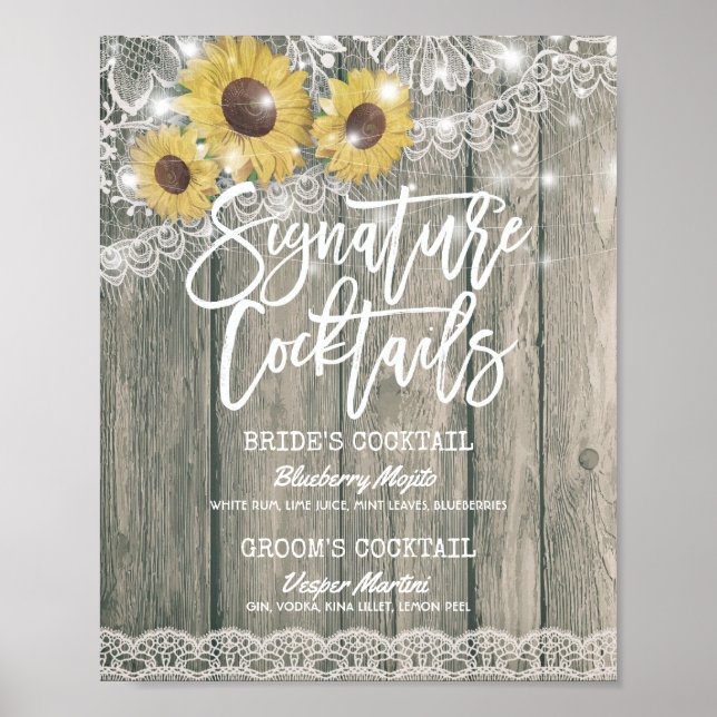 Sunflowers Wedding Signature Cocktail Drink Menu Poster (Front)