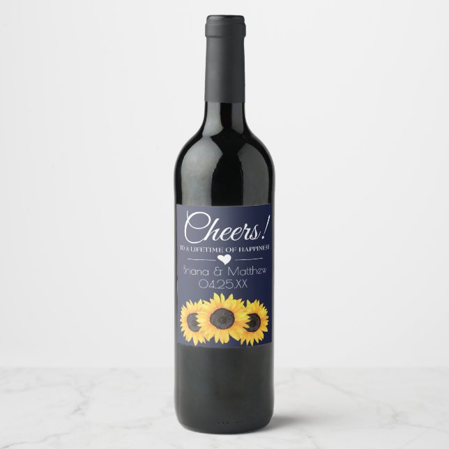 Sunflowers Wedding Wine Label Country Blue Cheers (Front)