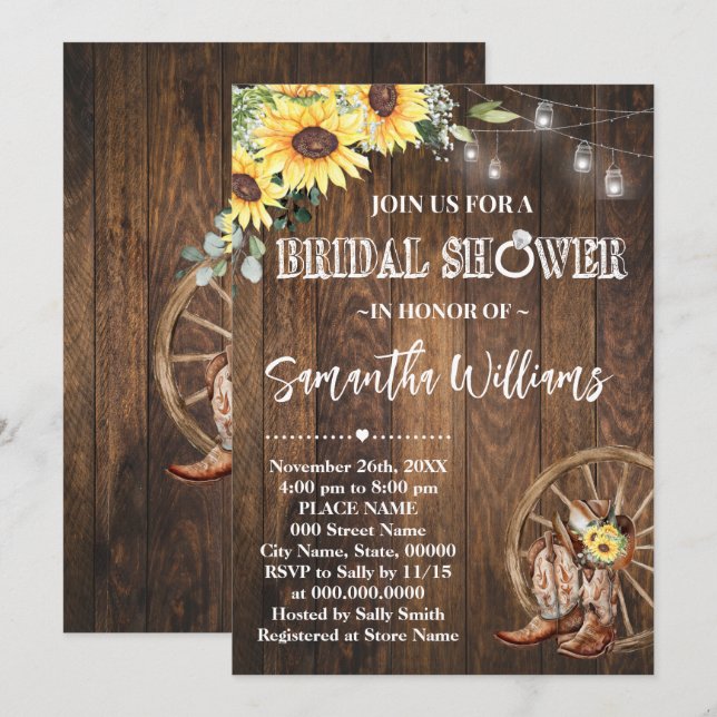 Sunflowers Western Bridal Shower Country Boots Invitation (Front/Back)