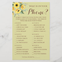 Sunflowers What is on your Phone Shower Game Card