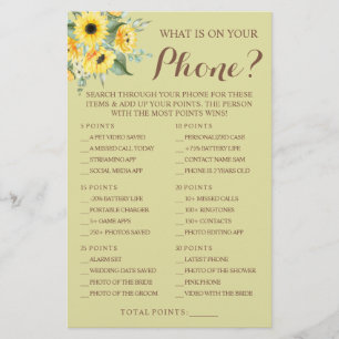 Sunflowers What is on your Phone Shower Game Card