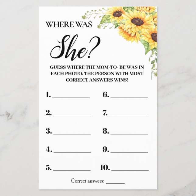 Sunflowers Where Was She Baby Shower Game Card (Front)