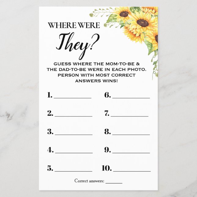 Sunflowers Where Were They Baby Shower Game Card (Front)
