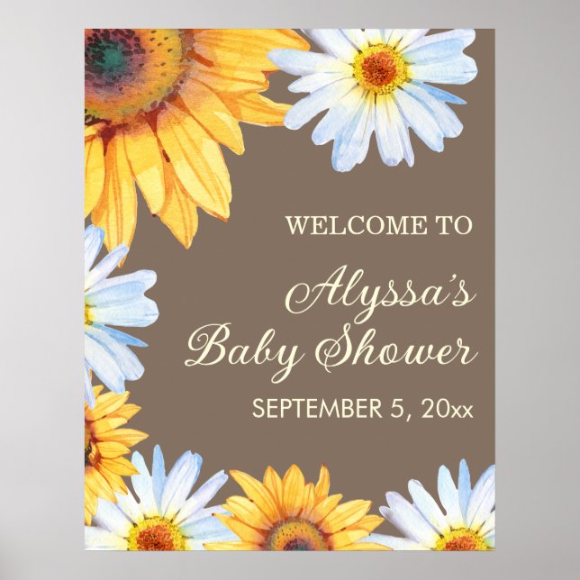Sunflowers White Daisies Baby Shower Welcome Poster (Front)