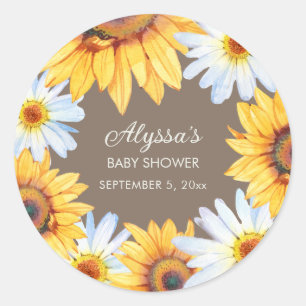 Sunflowers White Daisies Brown Baby Shower Classic Round Sticker