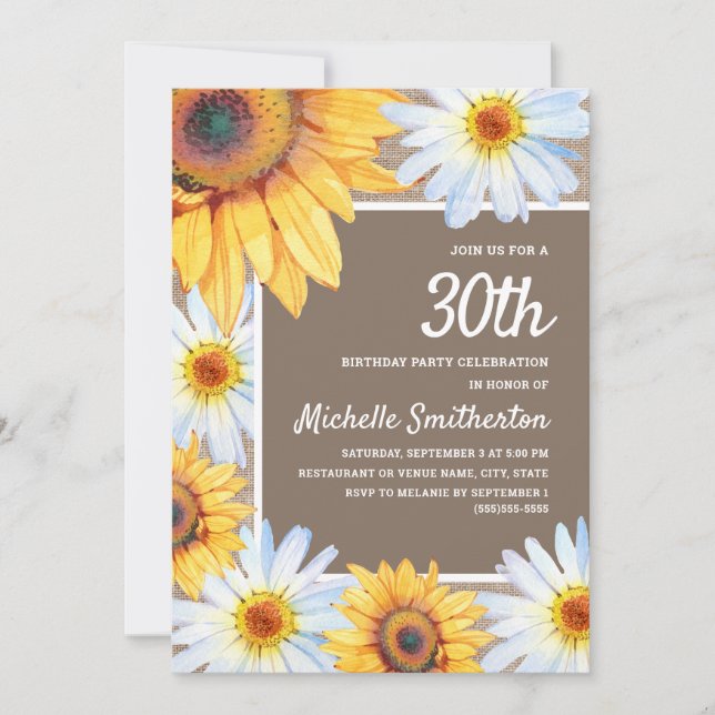 Sunflowers White Daisies Burlap 30th Birthday Invitation (Front)