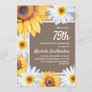 Sunflowers White Daisies Burlap 75th Birthday Invitation