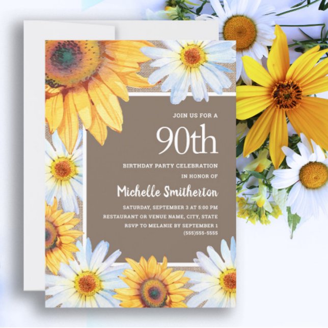 Sunflowers White Daisies Burlap 90th Birthday Invitation (White daisies and sunflowers 90th birthday party invitation for women)