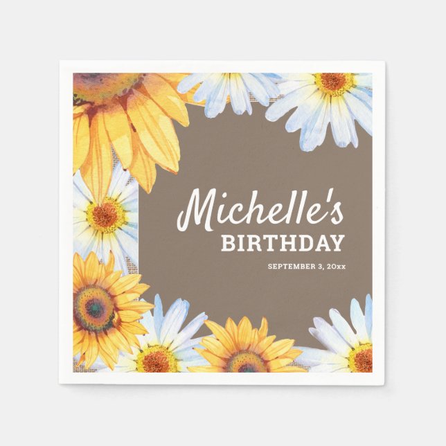 Sunflowers White Daisies Burlap Custom Birthday Napkin (Front)