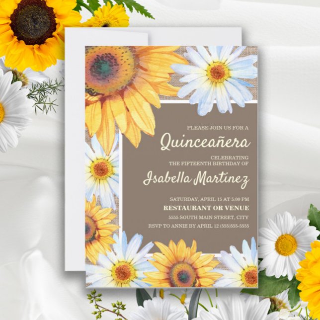 Sunflowers White Daisies Burlap Quinceañera 15th Invitation (Creator Uploaded)