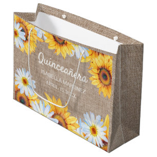Sunflowers White Daisy Burlap Quinceañera Name Large Gift Bag