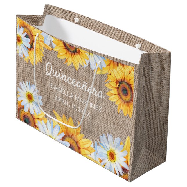 Sunflowers White Daisy Burlap Quinceañera Name  Large Gift Bag (Front Angled)