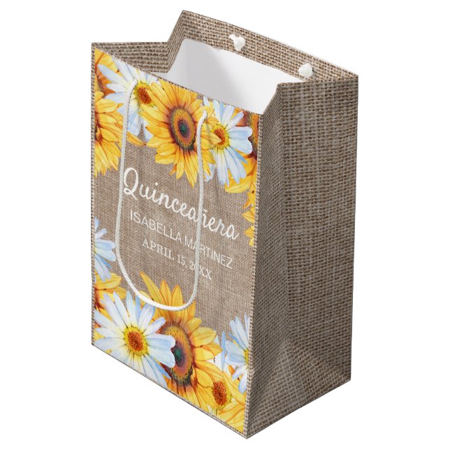 Sunflowers White Daisy Burlap Quinceañera Name  Medium Gift Bag (Front Angled)