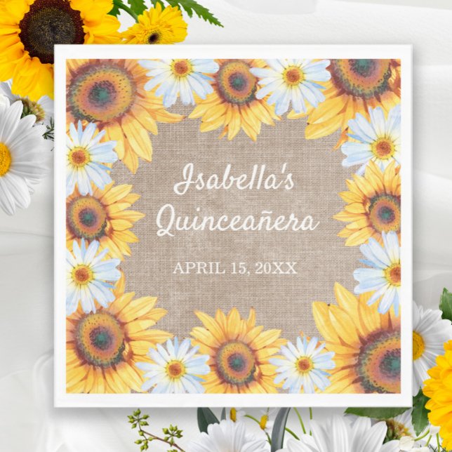 Sunflowers White Daisy Burlap Quinceañera Name  Napkin (Creator Uploaded)