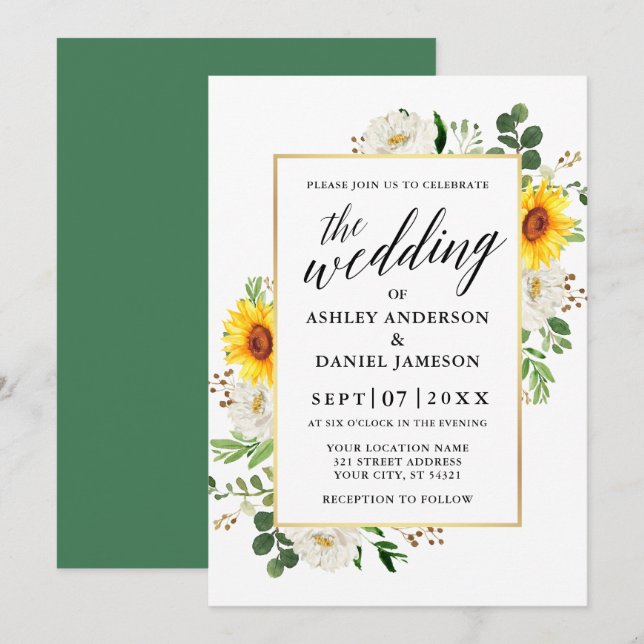 Sunflowers White Floral Calligraphy Wedding Invitation (Front/Back)