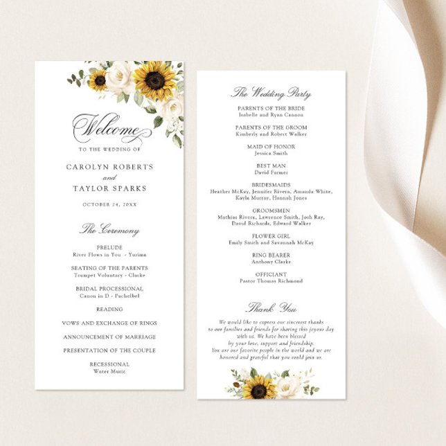 Sunflowers White Flowers Greenery Rustic Wedding Programme (Creator Uploaded)