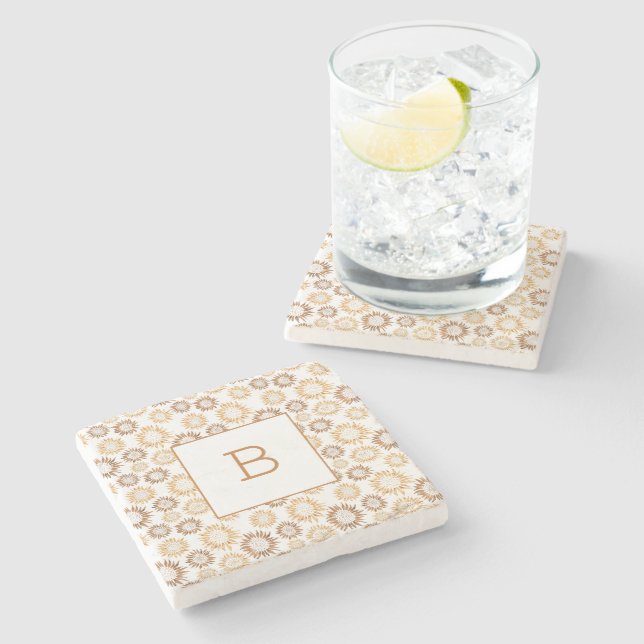 Sunflowers white gold monogram initial stone coaster (Side)