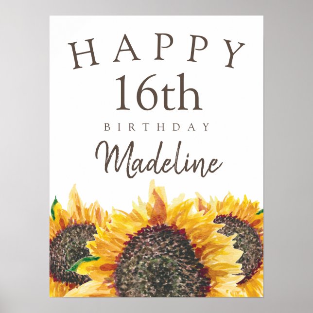 Sunflowers White Happy 16th (or any) Birthday Poster (Front)