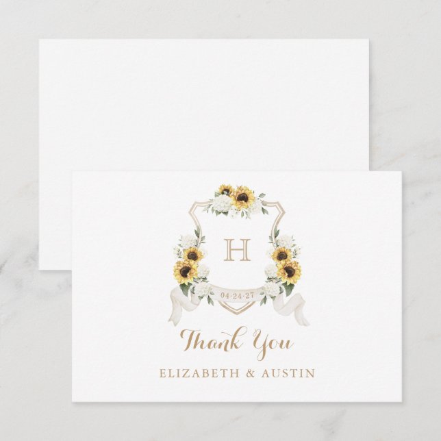 Sunflowers White Hydrangea Crest Wedding Monogram Thank You Card (Front/Back)