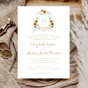 Sunflowers White Hydrangea Greenery Crest Wedding Invitation