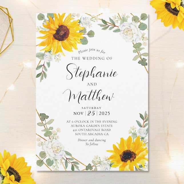 Sunflowers White Roses Geometric Botanical Wedding Invitation (Creator Uploaded)