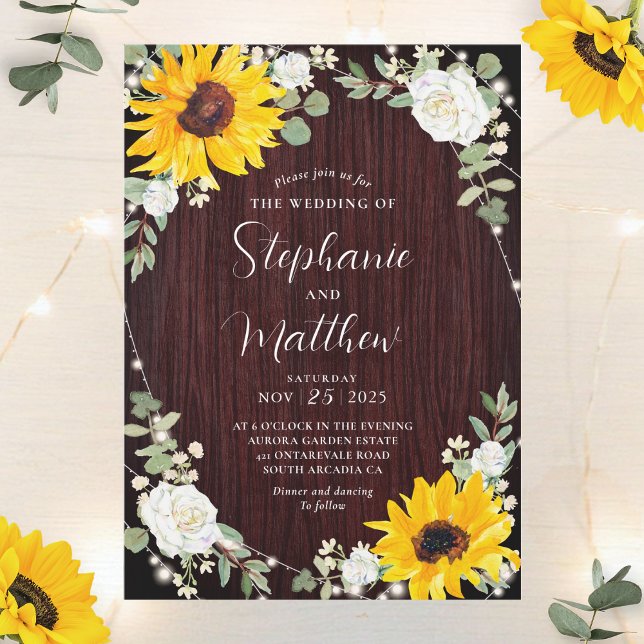 Sunflowers White Roses Lights Wood Wedding Invitation (Creator Uploaded)