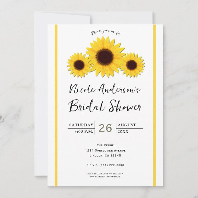 Sunflowers White Simple Rustic Bridal Shower Invitation (Front)