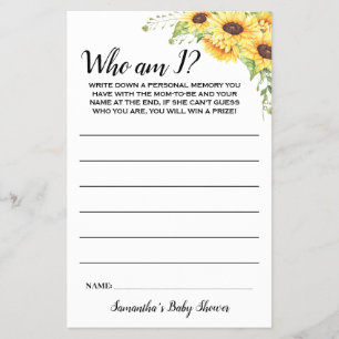 Sunflowers Who am I Baby Shower Game Card
