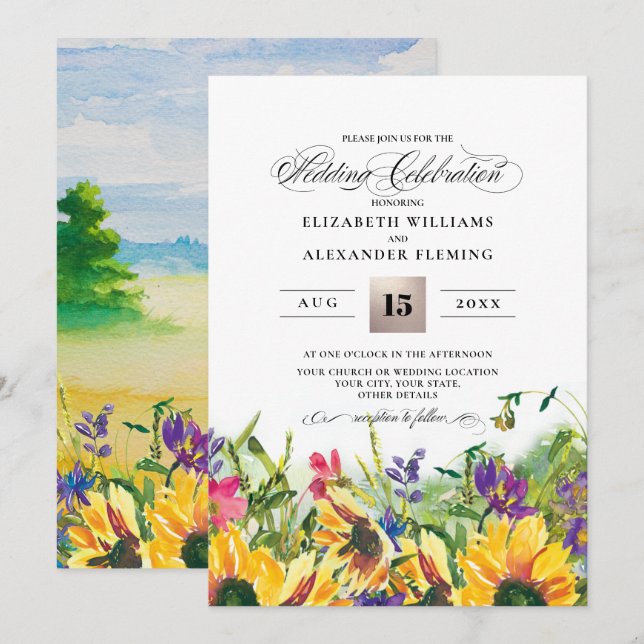 Sunflowers | Wild Meadow Summer Rustic Wedding Invitation (Front/Back)