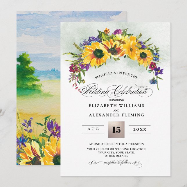 Sunflowers | Wild Meadow Summer Rustic Wedding Invitation (Front/Back)
