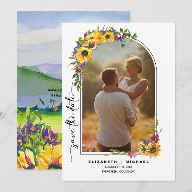 Sunflowers | Wild Meadow Summer Wedding Photo Save The Date (Front/Back)