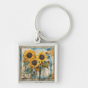 Sunflowers Wildflowers Flower Mixed Media Design Key Ring
