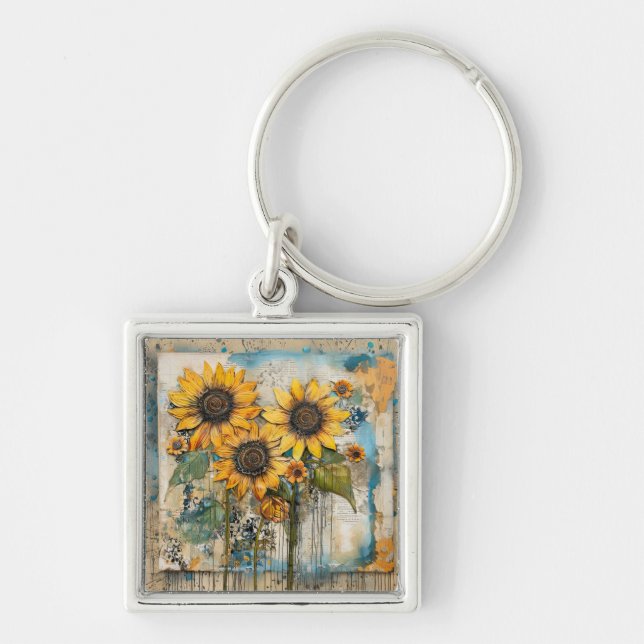 Sunflowers Wildflowers Flower Mixed Media Design Key Ring (Front)