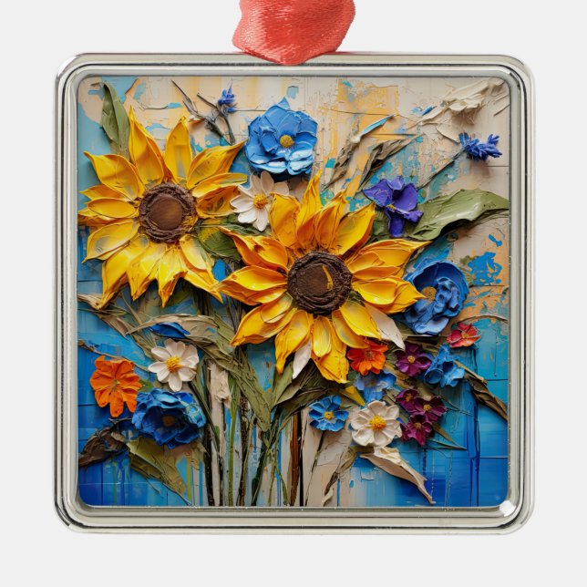 Sunflowers Wildflowers Flower Mixed Media Design Metal Tree Decoration (Front)