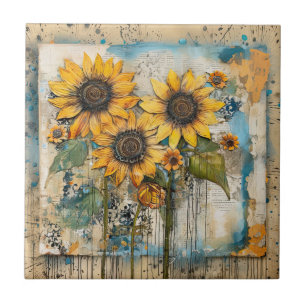 Sunflowers Wildflowers Flower Mixed Media Design Tile