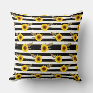 Sunflowers with Black and White Horizontal Lines Cushion