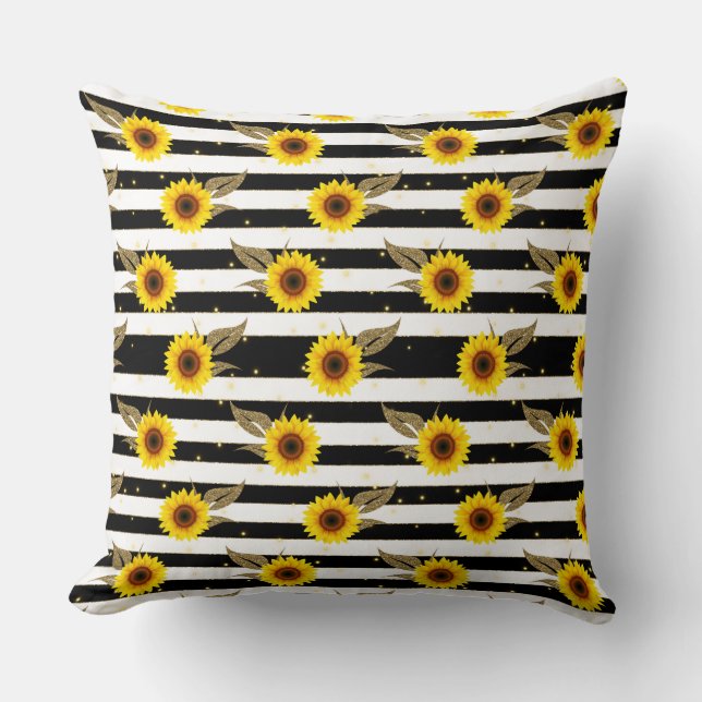 Sunflowers with Black and White Horizontal Lines Cushion (Front)