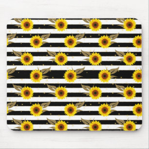 Sunflowers with Black and White Horizontal Lines Mouse Mat