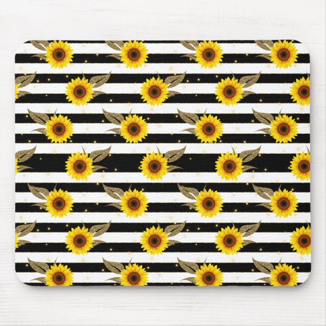 Sunflowers with Black and White Horizontal Lines Mouse Mat (Front)
