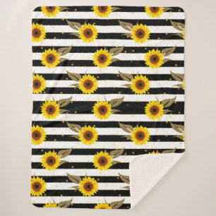 Sunflowers with Black and White Horizontal Lines Sherpa Blanket