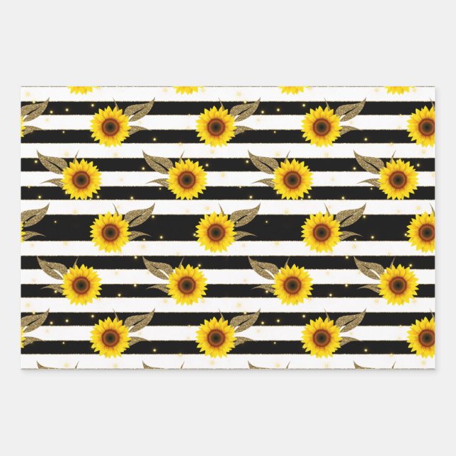 Sunflowers with Black and White Horizontal Lines Wrapping Paper Sheet (Front)