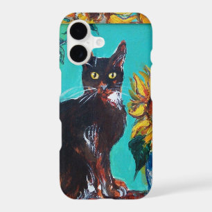 SUNFLOWERS WITH BLACK CAT IN BLUE TURQUOISE