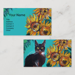 SUNFLOWERS WITH BLACK CAT IN BLUE TURQUOISE BUSINESS CARD