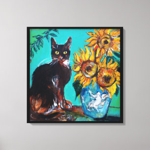 SUNFLOWERS WITH BLACK CAT IN BLUE TURQUOISE CANVAS PRINT