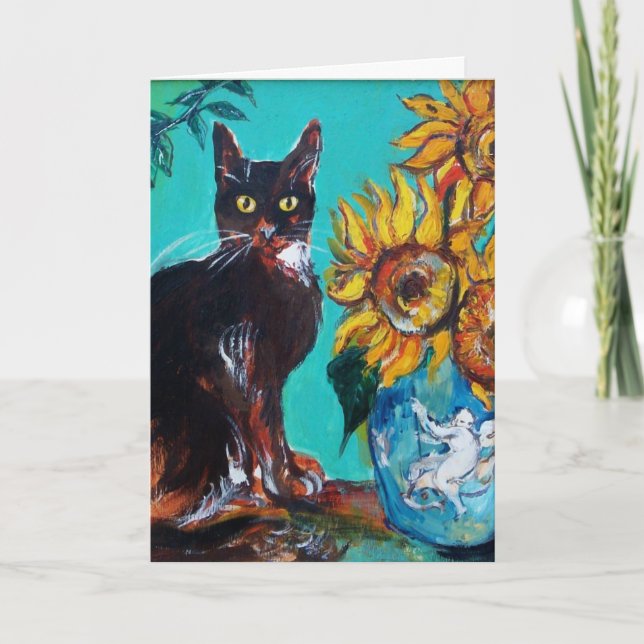 SUNFLOWERS WITH BLACK CAT IN BLUE TURQUOISE CARD (Front)