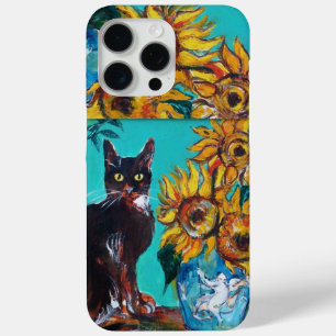 SUNFLOWERS WITH BLACK CAT IN BLUE TURQUOISE Case-M iPhone 15 Pro Max Case