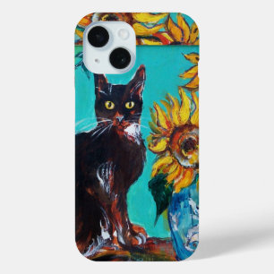 SUNFLOWERS WITH BLACK CAT IN BLUE TURQUOISE iPhone 15 CASE