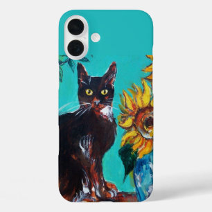 SUNFLOWERS WITH BLACK CAT IN BLUE TURQUOISE iPhone 16 PLUS CASE